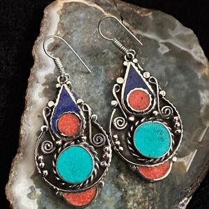 Artisan Gold-Tone Turquoise & Coral Teardrop Earrings